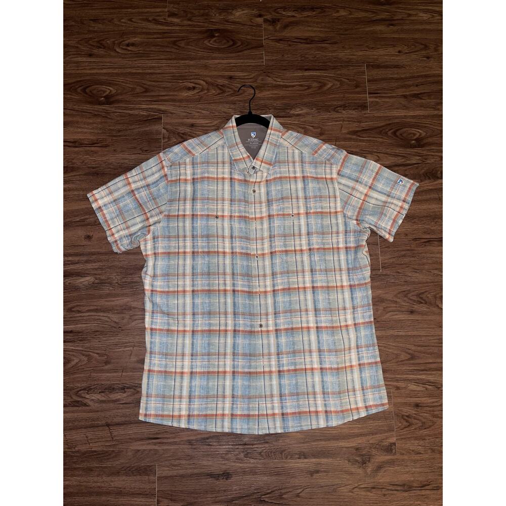 KUHL Shirt Mens XLarge Blue Orange Plaid Short Sleeve Button Up Outdoor Hiking
